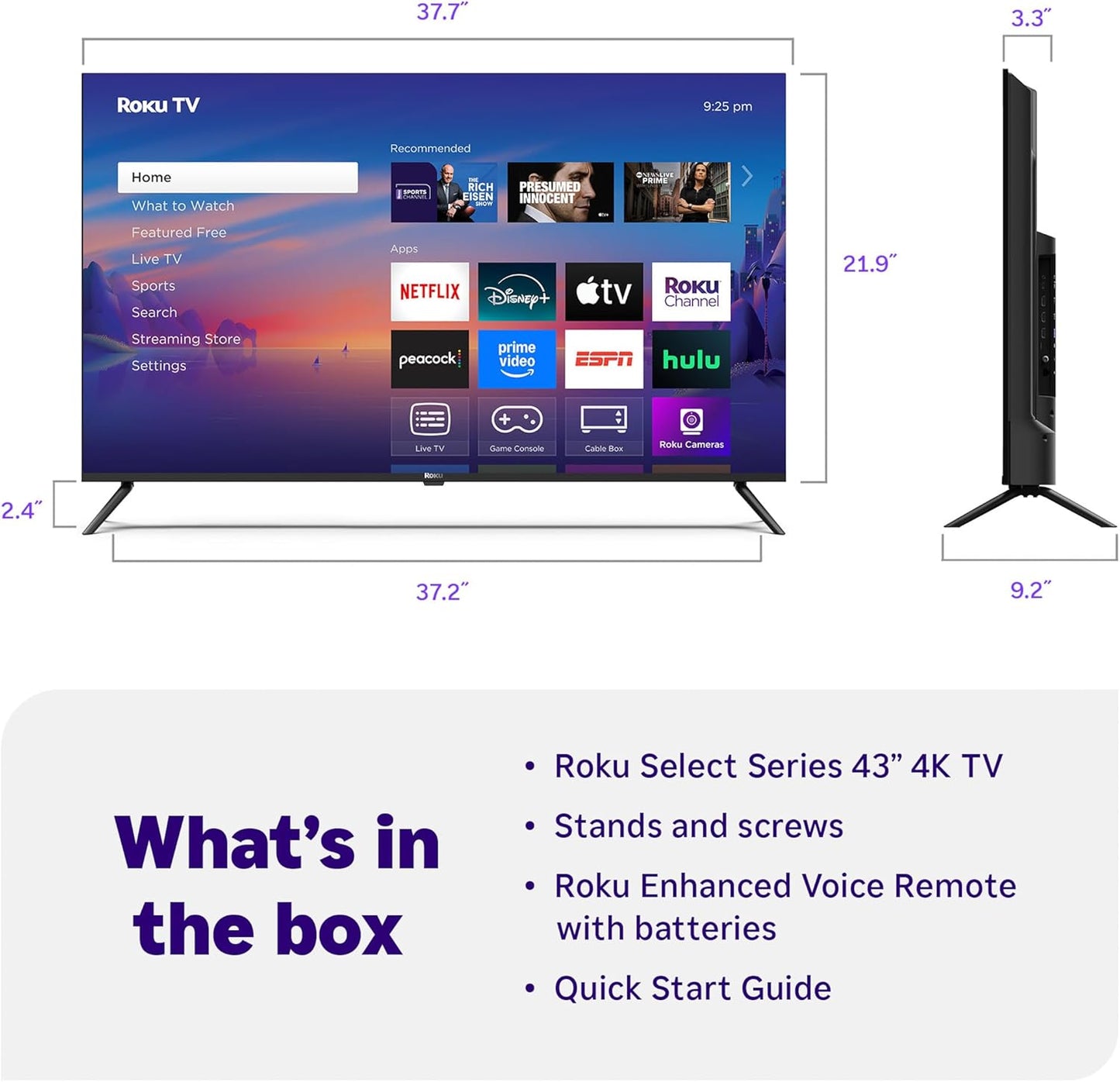 Roku Smart TV 2025 – 43-Inch Select Series, 4K HDR TV – RokuTV with Enhanced Voice Remote – Flat Screen LED Television with Wi-Fi for Streaming Live Local News, Sports, Family Entertainment