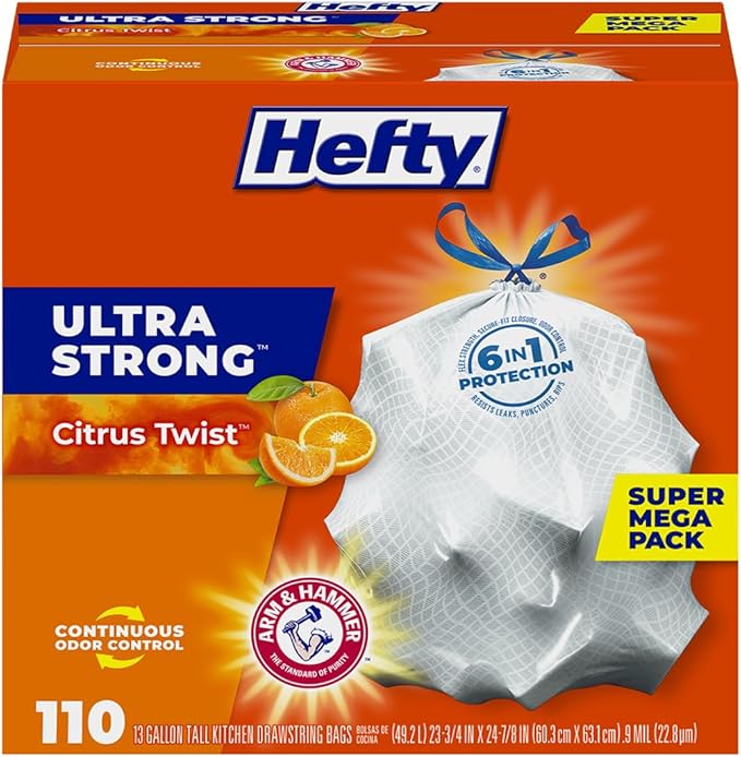 Hefty Ultra Strong 13 Gallon Trash Bags, Tall Kitchen Trash Bags 13 Gallon Size, Drawstring Closure, Continuous Odor Control, White, Lavender and Sweet Vanilla Scent, 110 Bags