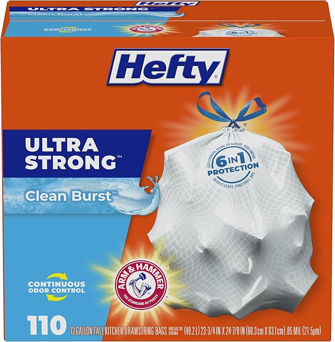 Hefty Ultra Strong 13 Gallon Trash Bags, Tall Kitchen Trash Bags 13 Gallon Size, Drawstring Closure, Continuous Odor Control, White, Lavender and Sweet Vanilla Scent, 110 Bags