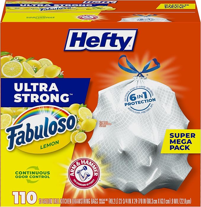 Hefty Ultra Strong 13 Gallon Trash Bags, Tall Kitchen Trash Bags 13 Gallon Size, Drawstring Closure, Continuous Odor Control, White, Lavender and Sweet Vanilla Scent, 110 Bags