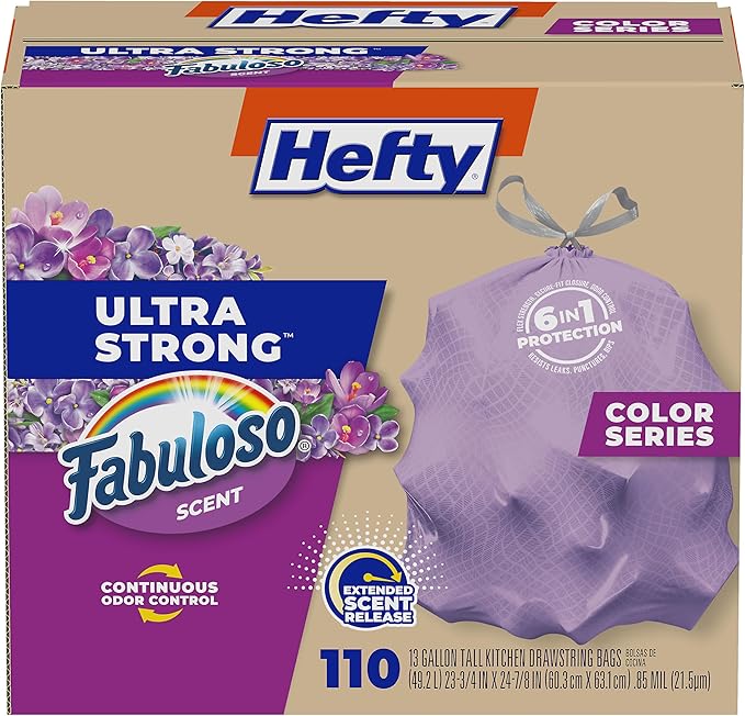 Hefty Ultra Strong 13 Gallon Trash Bags, Tall Kitchen Trash Bags 13 Gallon Size, Drawstring Closure, Continuous Odor Control, White, Lavender and Sweet Vanilla Scent, 110 Bags