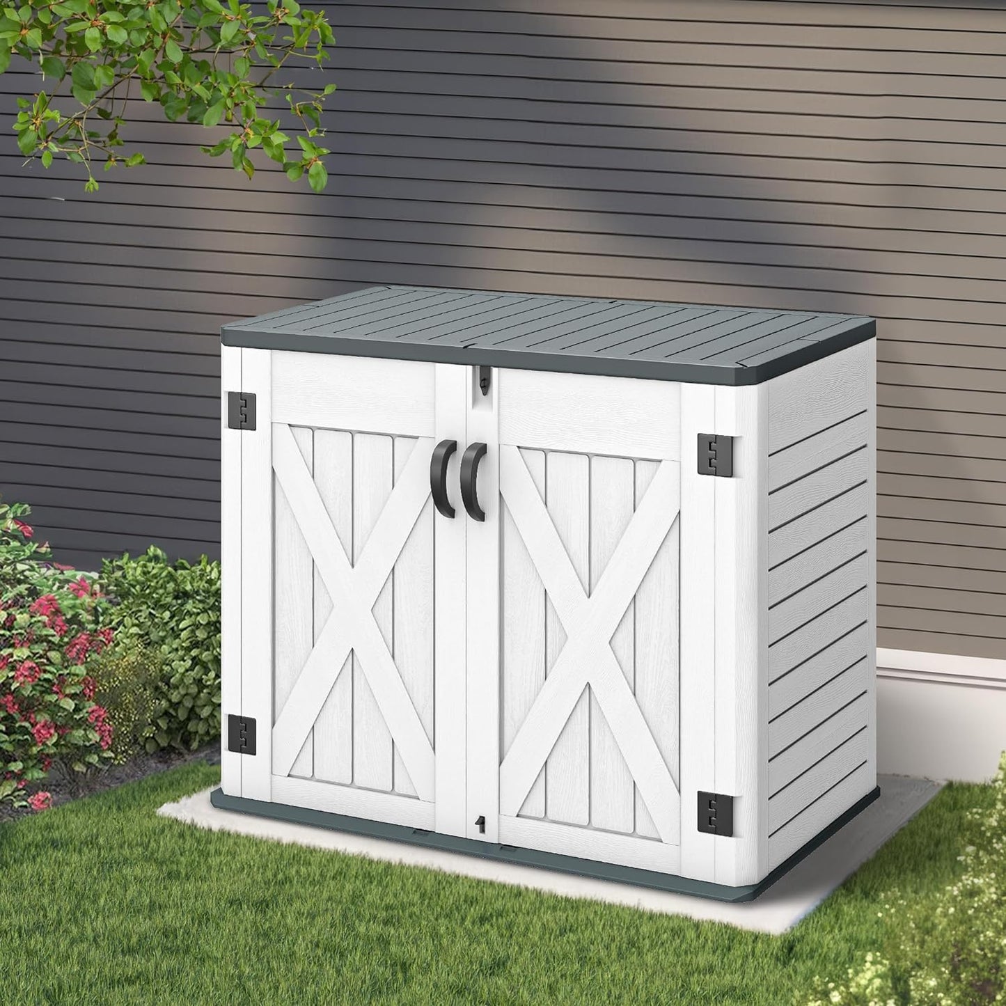 Outdoor Resin Storage Sheds with X-Shaped Lockable Door, 39 in Height Lockable Waterproof Horizontal Shed w/o Shelf,Easy to Assemble Shed Storage for Garden Tools, Brown