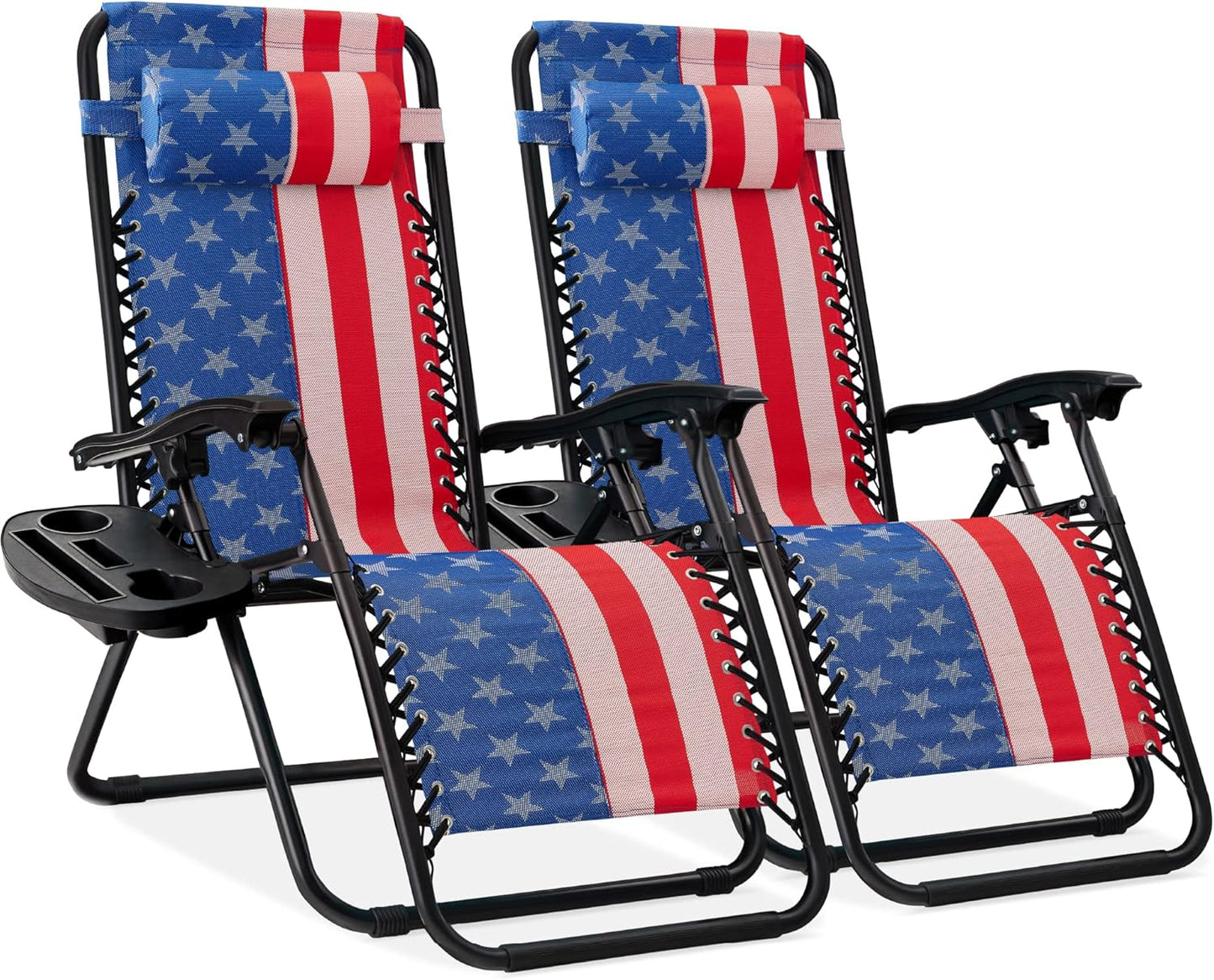 Best Choice Products Set of 2 Adjustable Steel Mesh Zero Gravity Lounge Chair Recliners w/Pillows and Cup Holder Trays - Black