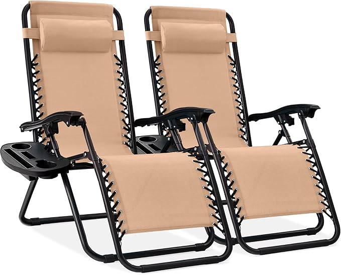 Best Choice Products Set of 2 Adjustable Steel Mesh Zero Gravity Lounge Chair Recliners w/Pillows and Cup Holder Trays - Black
