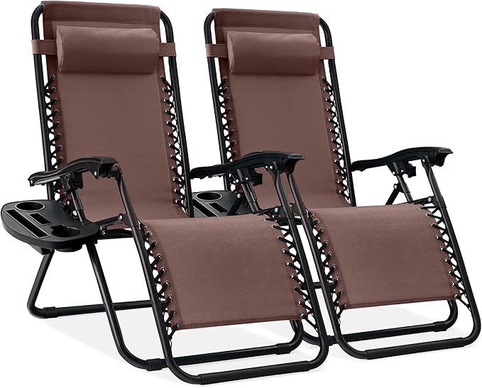 Best Choice Products Set of 2 Adjustable Steel Mesh Zero Gravity Lounge Chair Recliners w/Pillows and Cup Holder Trays - Black