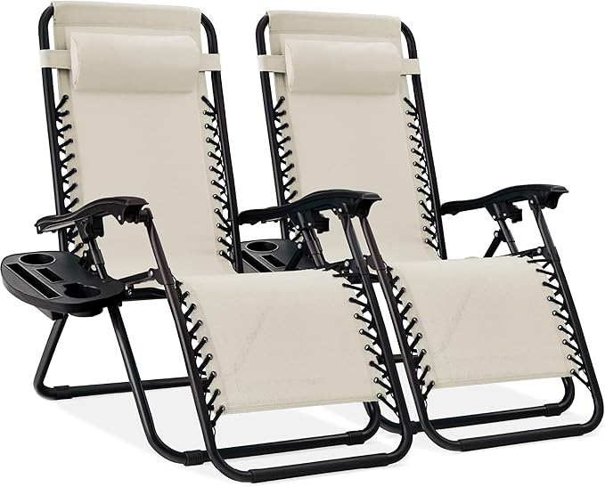 Best Choice Products Set of 2 Adjustable Steel Mesh Zero Gravity Lounge Chair Recliners w/Pillows and Cup Holder Trays - Black