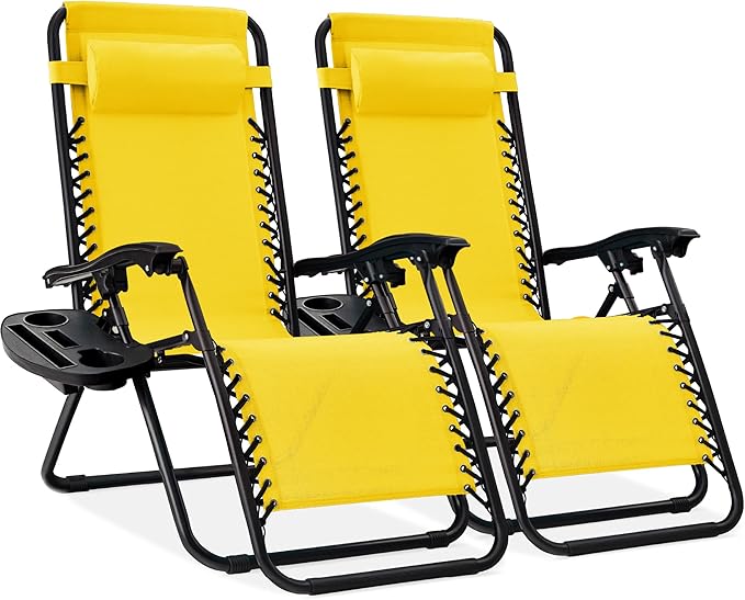 Best Choice Products Set of 2 Adjustable Steel Mesh Zero Gravity Lounge Chair Recliners w/Pillows and Cup Holder Trays - Black