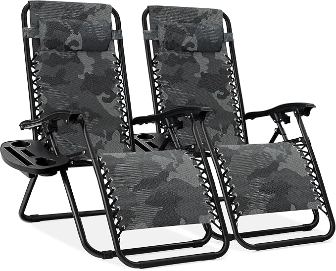 Best Choice Products Set of 2 Adjustable Steel Mesh Zero Gravity Lounge Chair Recliners w/Pillows and Cup Holder Trays - Black