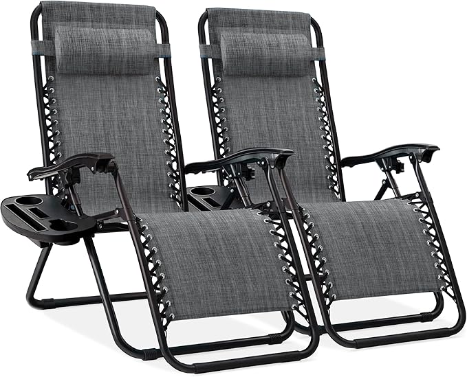 Best Choice Products Set of 2 Adjustable Steel Mesh Zero Gravity Lounge Chair Recliners w/Pillows and Cup Holder Trays - Black