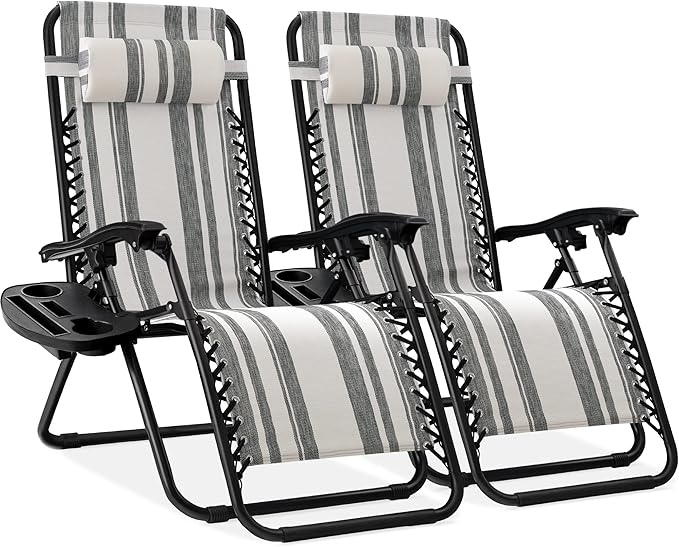 Best Choice Products Set of 2 Adjustable Steel Mesh Zero Gravity Lounge Chair Recliners w/Pillows and Cup Holder Trays - Black