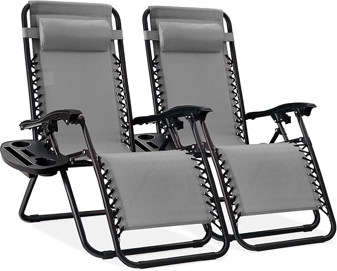 Best Choice Products Set of 2 Adjustable Steel Mesh Zero Gravity Lounge Chair Recliners w/Pillows and Cup Holder Trays - Black