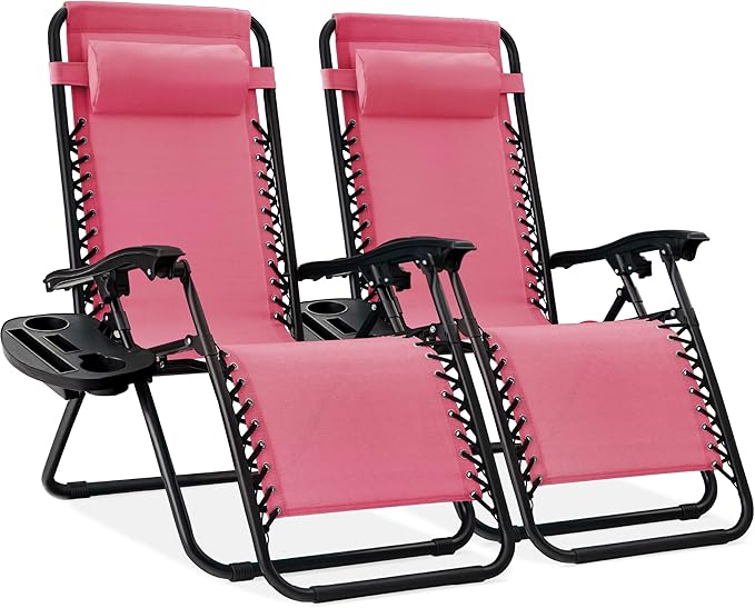 Best Choice Products Set of 2 Adjustable Steel Mesh Zero Gravity Lounge Chair Recliners w/Pillows and Cup Holder Trays - Black