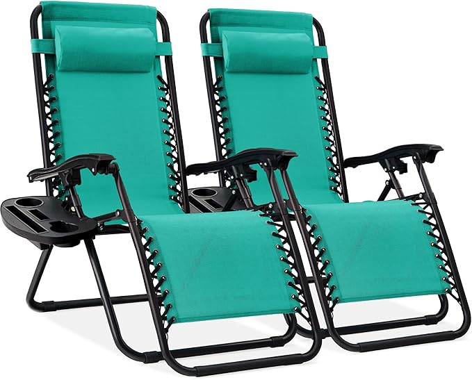 Best Choice Products Set of 2 Adjustable Steel Mesh Zero Gravity Lounge Chair Recliners w/Pillows and Cup Holder Trays - Black