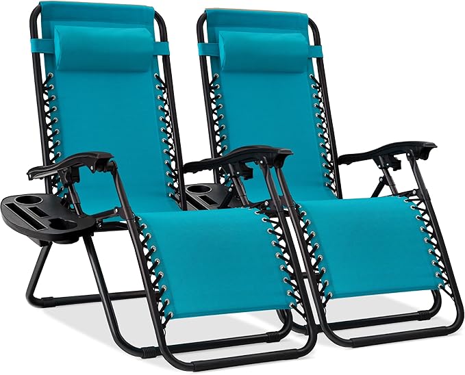 Best Choice Products Set of 2 Adjustable Steel Mesh Zero Gravity Lounge Chair Recliners w/Pillows and Cup Holder Trays - Black
