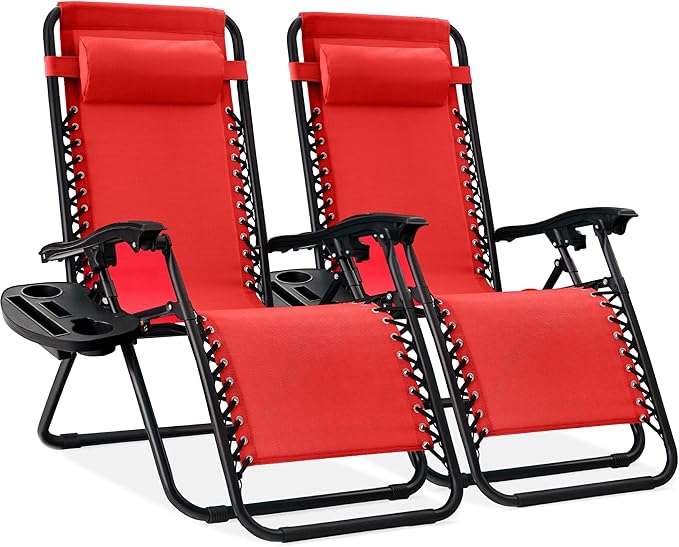 Best Choice Products Set of 2 Adjustable Steel Mesh Zero Gravity Lounge Chair Recliners w/Pillows and Cup Holder Trays - Black
