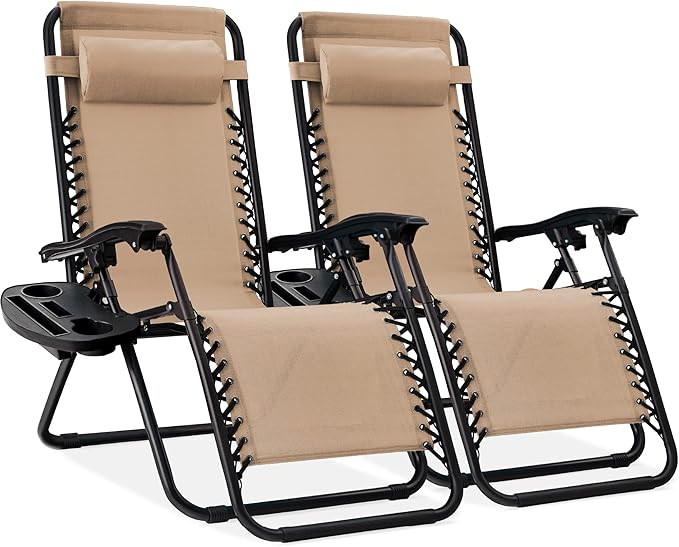 Best Choice Products Set of 2 Adjustable Steel Mesh Zero Gravity Lounge Chair Recliners w/Pillows and Cup Holder Trays - Black