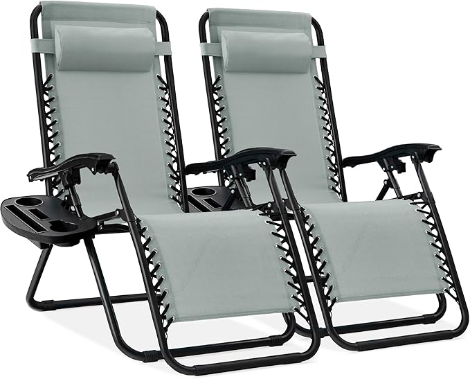 Best Choice Products Set of 2 Adjustable Steel Mesh Zero Gravity Lounge Chair Recliners w/Pillows and Cup Holder Trays - Black
