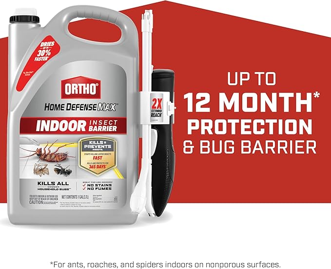 Ortho Home Defense Max Indoor Insect Barrier with Extended Reach Comfort Wand, Kills Ants, Roaches, Spiders, Fleas and Ticks, 1 gal.