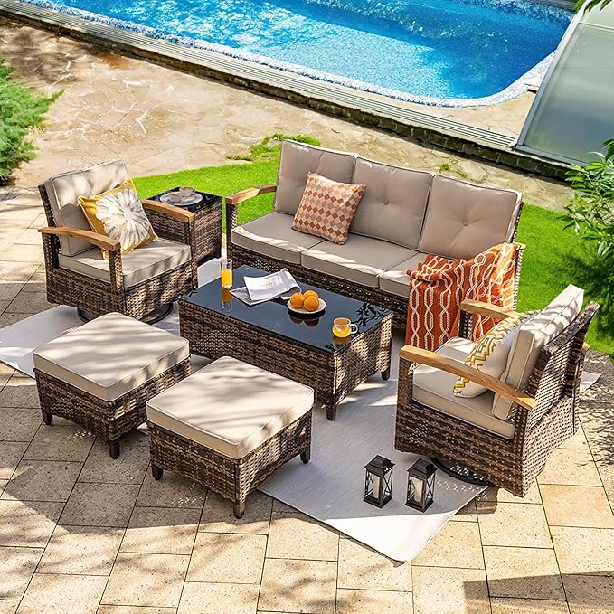 7 Pieces Patio Furniture Sets,PE Wicker Outdoor Conversation Sets with 2 Wood Armrests Swivel Rocker Chairs, 2 Ottoman, 3-seat Sofa and Coffee Table(Grey)