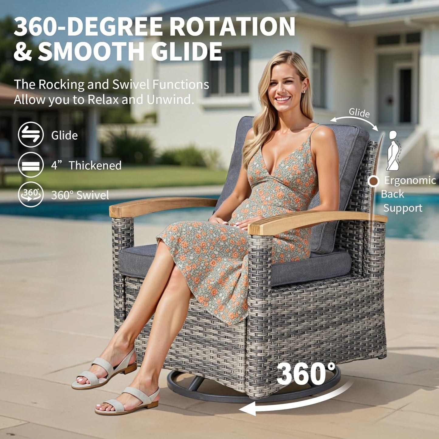 7 Pieces Patio Furniture Sets,PE Wicker Outdoor Conversation Sets with 2 Wood Armrests Swivel Rocker Chairs, 2 Ottoman, 3-seat Sofa and Coffee Table(Grey)