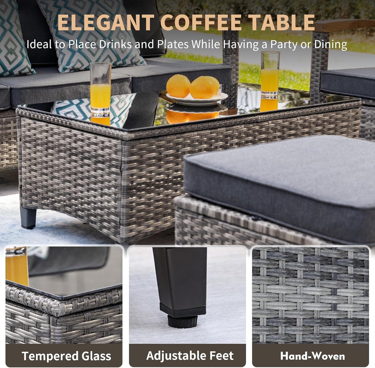 7 Pieces Patio Furniture Sets,PE Wicker Outdoor Conversation Sets with 2 Wood Armrests Swivel Rocker Chairs, 2 Ottoman, 3-seat Sofa and Coffee Table(Grey)