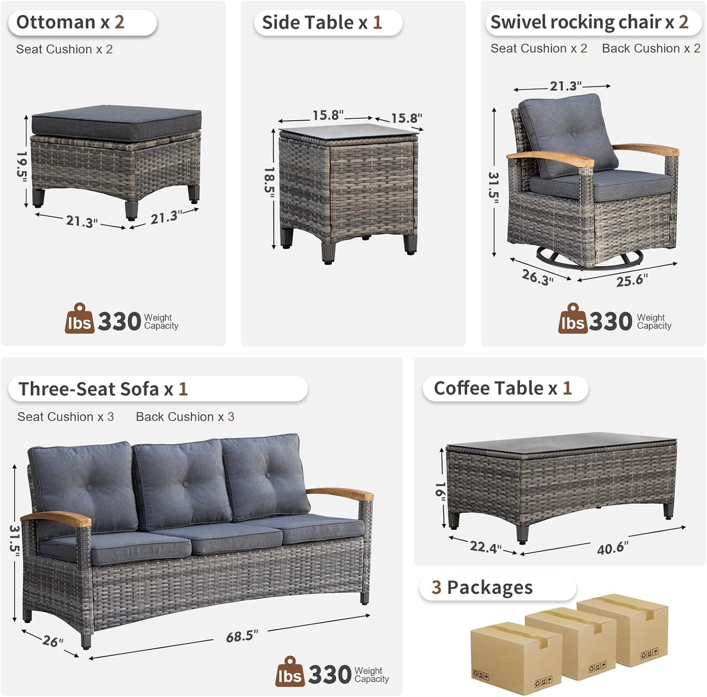 7 Pieces Patio Furniture Sets,PE Wicker Outdoor Conversation Sets with 2 Wood Armrests Swivel Rocker Chairs, 2 Ottoman, 3-seat Sofa and Coffee Table(Grey)