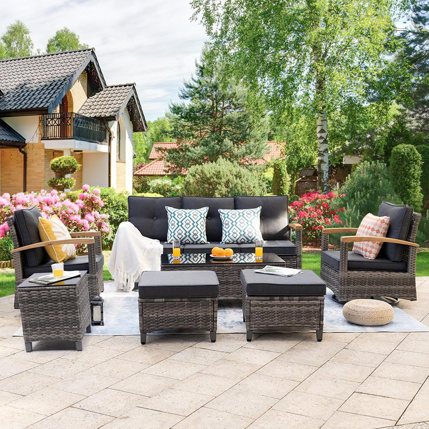 7 Pieces Patio Furniture Sets,PE Wicker Outdoor Conversation Sets with 2 Wood Armrests Swivel Rocker Chairs, 2 Ottoman, 3-seat Sofa and Coffee Table(Grey)