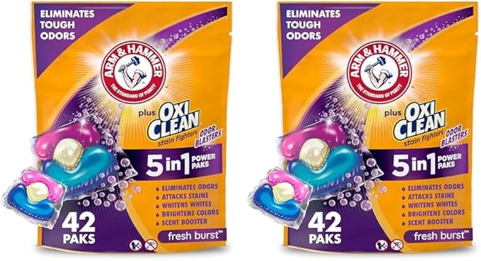 Arm & Hammer Plus OxiClean With Odor Blasters Laundry Detergent 5-IN-1 Power Paks, 42CT (Packaging may vary) (Pack of 2)