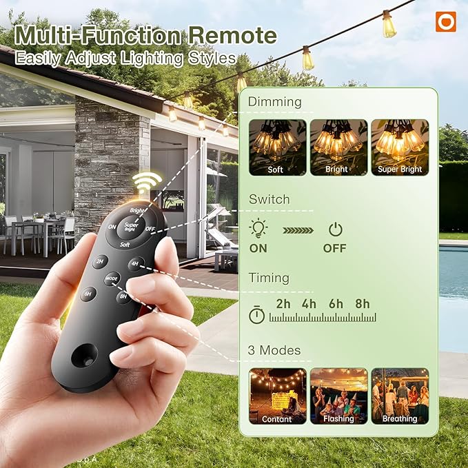 (48+6) FT Solar String Lights Waterproof,Patio Lights Solar Powered with Remote & USB Port 15+1 LED Shatterproof Bulbs 3 Light Modes, Dimmable Solar Light for Camping Backyard Garden