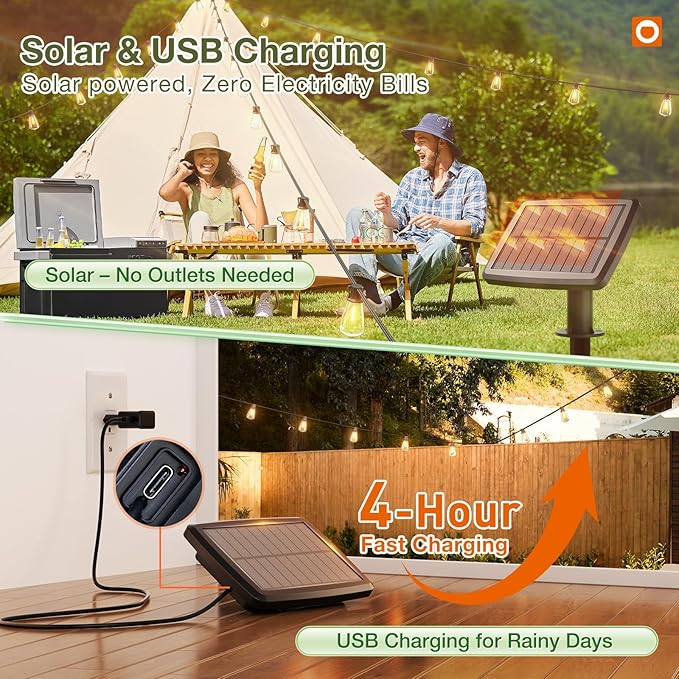 (48+6) FT Solar String Lights Waterproof,Patio Lights Solar Powered with Remote & USB Port 15+1 LED Shatterproof Bulbs 3 Light Modes, Dimmable Solar Light for Camping Backyard Garden