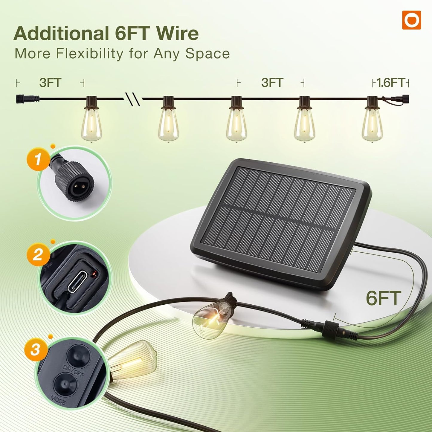 (48+6) FT Solar String Lights Waterproof,Patio Lights Solar Powered with Remote & USB Port 15+1 LED Shatterproof Bulbs 3 Light Modes, Dimmable Solar Light for Camping Backyard Garden