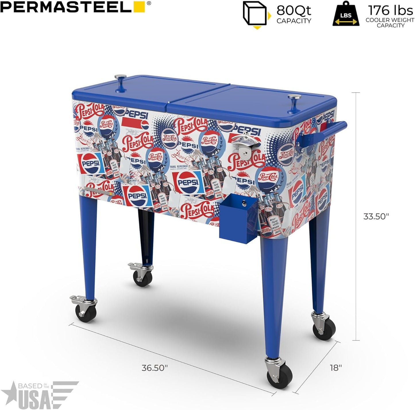 80-Qt Classic Outdoor Patio Cooler for Outside, Beverage Bar Cart With Wheels & Handles, Retro Design