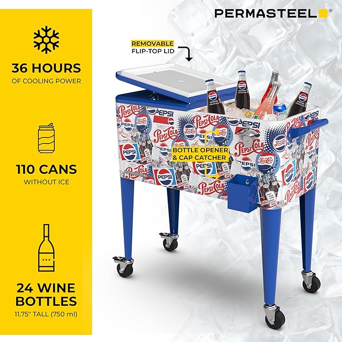 80-Qt Classic Outdoor Patio Cooler for Outside, Beverage Bar Cart With Wheels & Handles, Retro Design