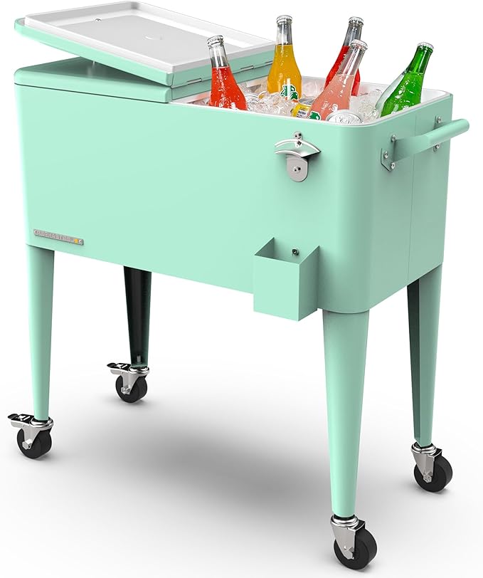 80-Qt Classic Outdoor Patio Cooler for Outside, Beverage Bar Cart With Wheels & Handles, Retro Design