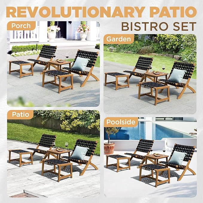 Foldable Reclining Design Heavy Duty 400lbs Capacity Patio Bistro Set 5 Piece with Ottomans Outdoor