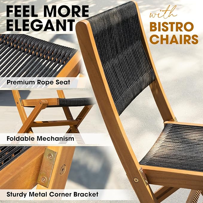 Wood Rope Design Heavy Duty 400lbs Capacity Patio Bistro Set 3 Piece Outdoor, Black