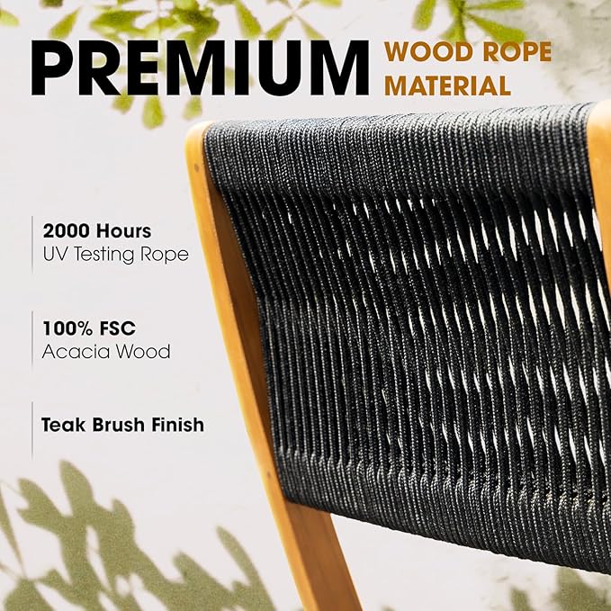 Wood Rope Design Heavy Duty 400lbs Capacity Patio Bistro Set 3 Piece Outdoor, Black