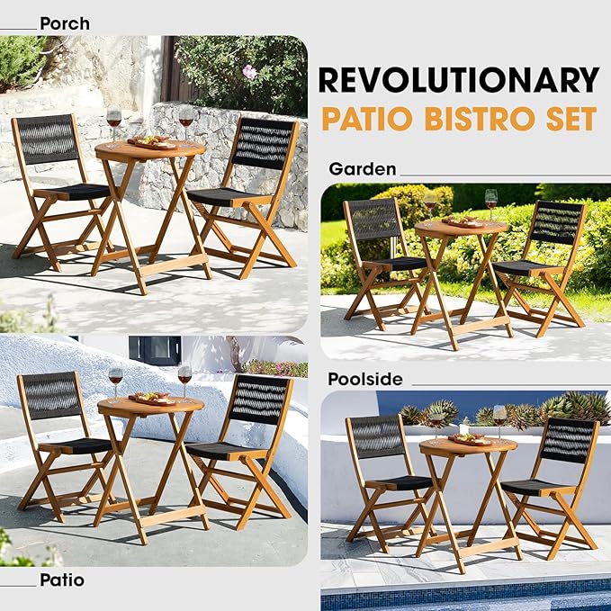 Wood Rope Design Heavy Duty 400lbs Capacity Patio Bistro Set 3 Piece Outdoor, Black