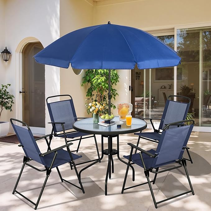 6 Piece Folding Patio Dining Set,Small Metal Outdoor Garden Patio Table and Chair Set w/Umbrella for Lawn,Deck,Backyard,Black