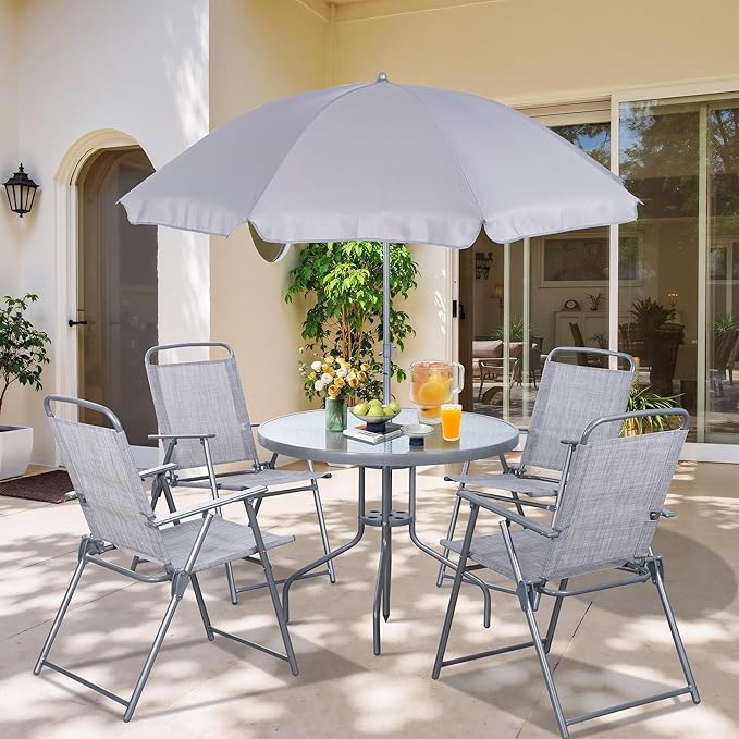 6 Piece Folding Patio Dining Set,Small Metal Outdoor Garden Patio Table and Chair Set w/Umbrella for Lawn,Deck,Backyard,Black