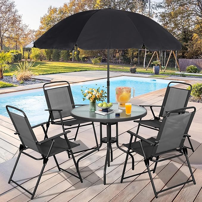 6 Piece Folding Patio Dining Set,Small Metal Outdoor Garden Patio Table and Chair Set w/Umbrella for Lawn,Deck,Backyard,Black