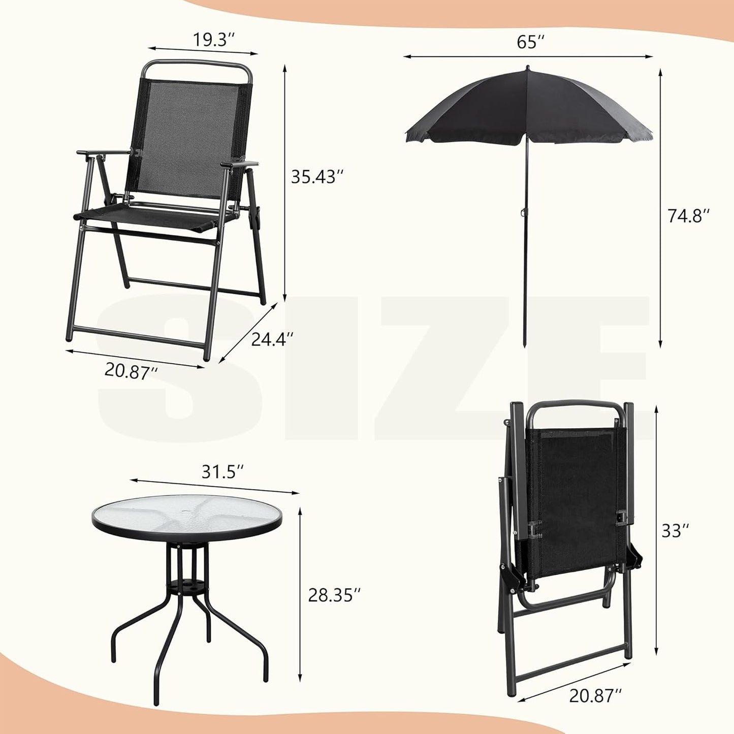 6 Piece Folding Patio Dining Set,Small Metal Outdoor Garden Patio Table and Chair Set w/Umbrella for Lawn,Deck,Backyard,Black