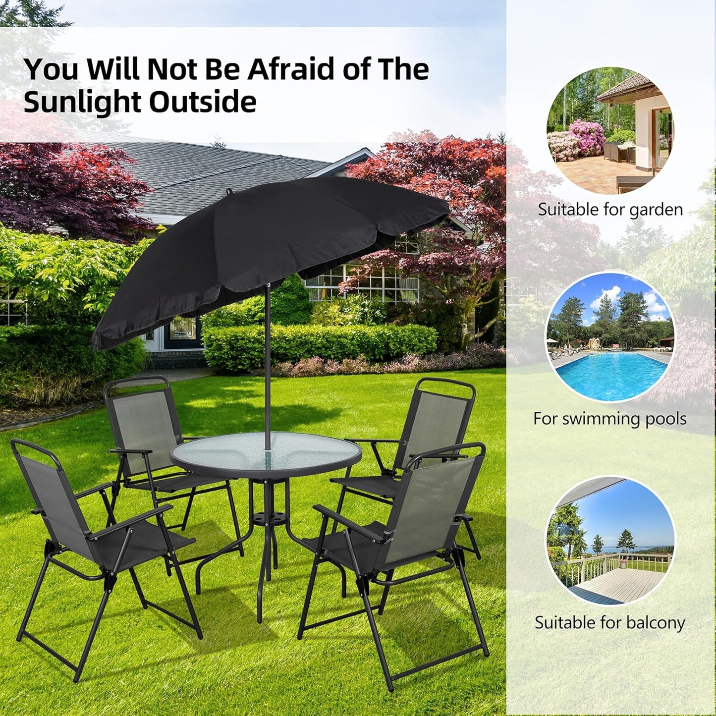 6 Piece Folding Patio Dining Set,Small Metal Outdoor Garden Patio Table and Chair Set w/Umbrella for Lawn,Deck,Backyard,Black