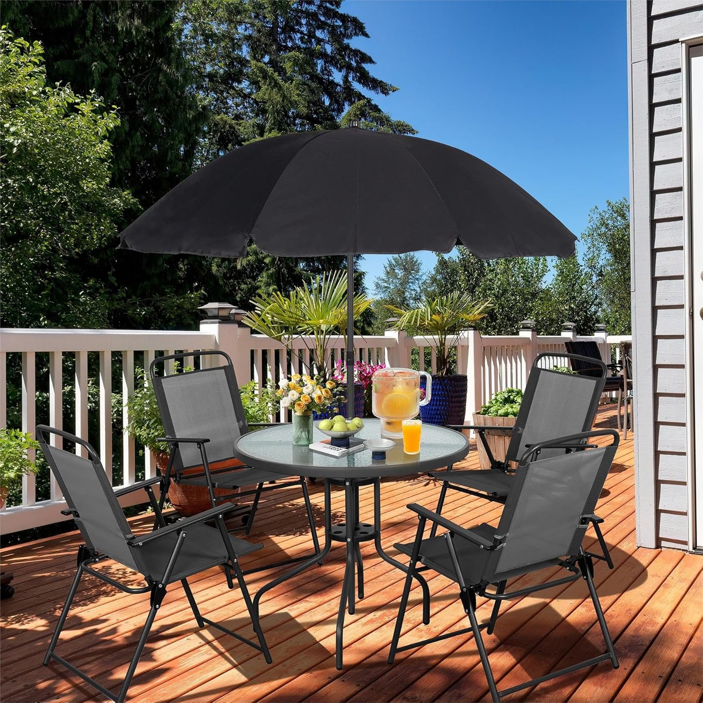 6 Piece Folding Patio Dining Set,Small Metal Outdoor Garden Patio Table and Chair Set w/Umbrella for Lawn,Deck,Backyard,Black