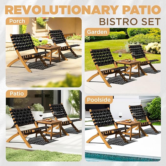 Foldable Reclining Design Heavy Duty 400lbs Capacity Patio Bistro Set 3 Piece Outdoor