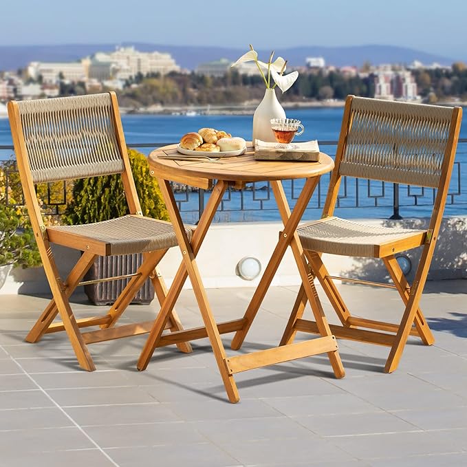 Wood Rope Design Heavy Duty 400lbs Capacity Patio Bistro Set 3 Piece Outdoor, Folding Chairs with Elegant