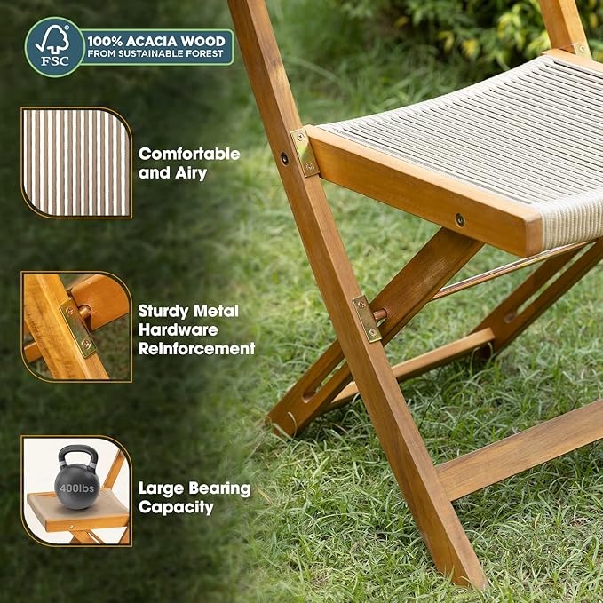 Wood Rope Design Heavy Duty 400lbs Capacity Patio Bistro Set 3 Piece Outdoor, Folding Chairs with Elegant