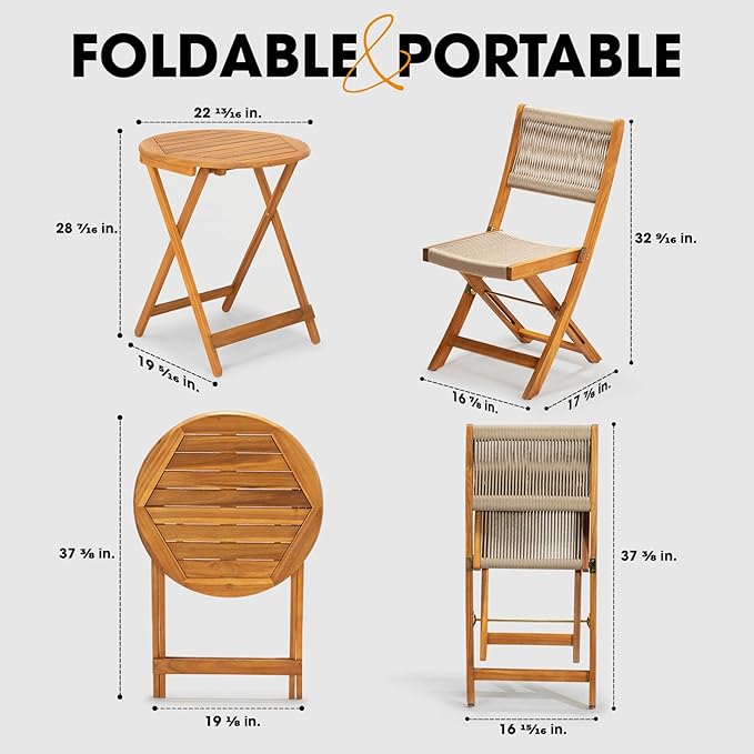 Wood Rope Design Heavy Duty 400lbs Capacity Patio Bistro Set 3 Piece Outdoor, Folding Chairs with Elegant