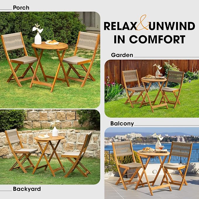 Wood Rope Design Heavy Duty 400lbs Capacity Patio Bistro Set 3 Piece Outdoor, Folding Chairs with Elegant