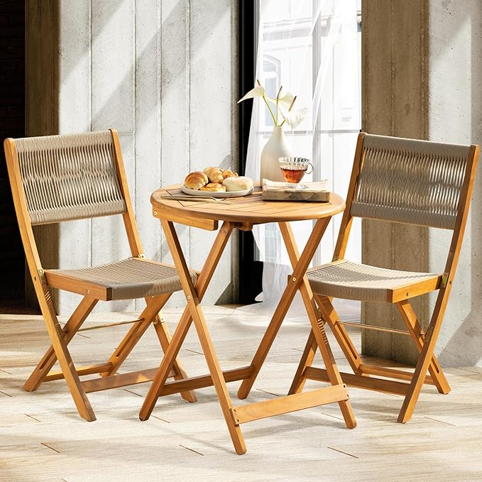 Wood Rope Design Heavy Duty 400lbs Capacity Patio Bistro Set 3 Piece Outdoor, Folding Chairs with Elegant